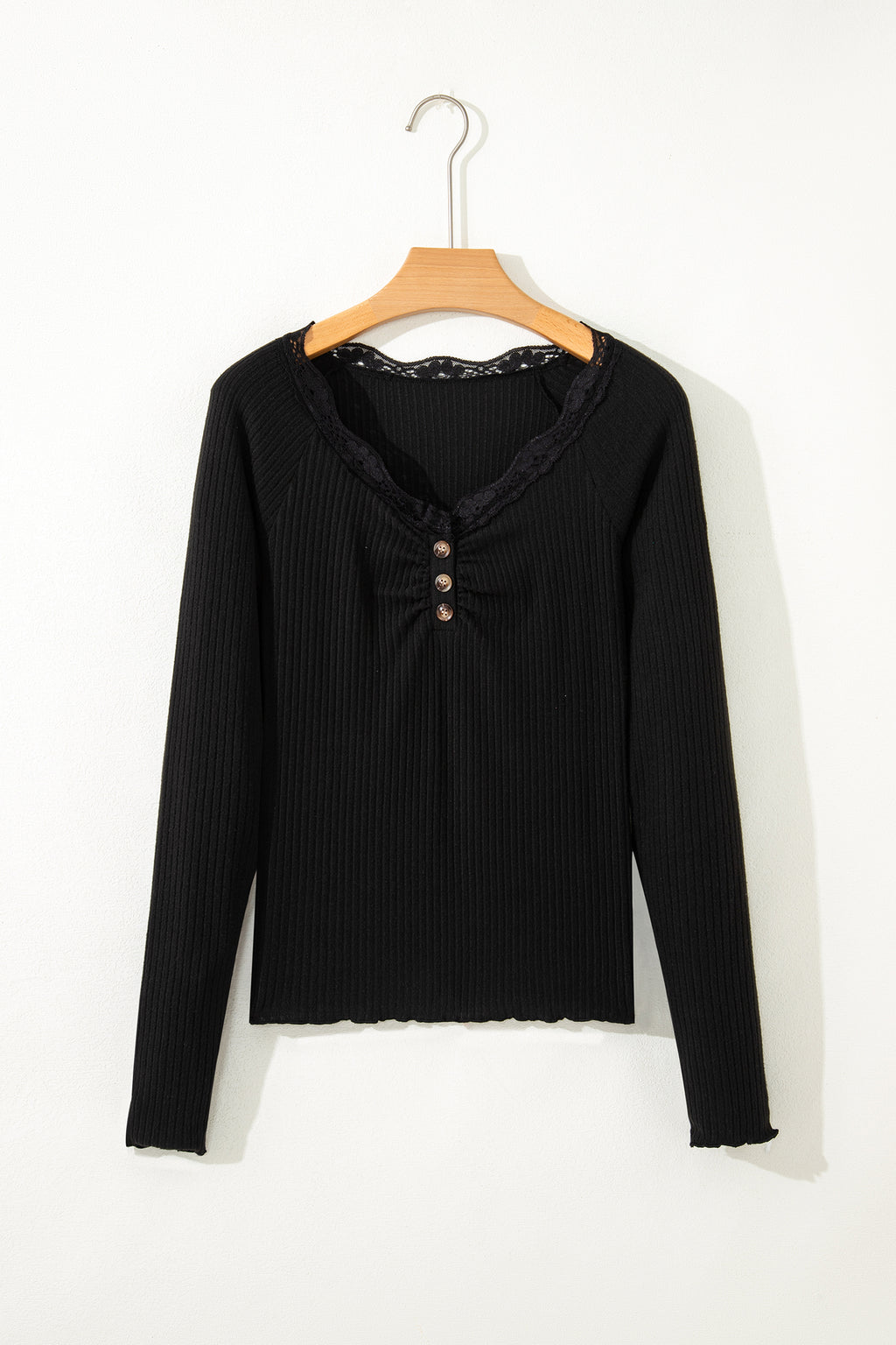 Black Lace Neckline Ribbed Top