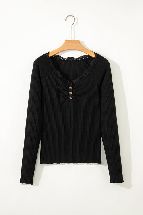 Black Lace Neckline Ribbed Top