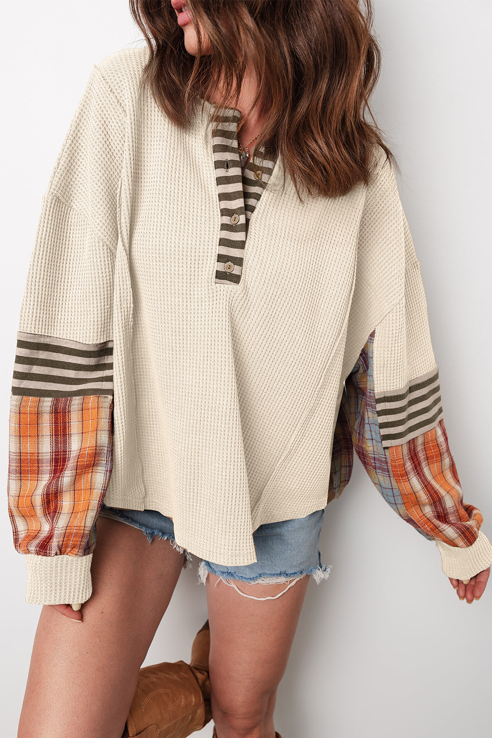 Beige Waffle Patchwork Shirt